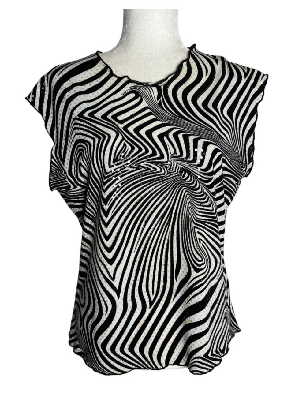 Vintage 90s Jaipur Abstract Swirl Top XL Black White Clear Sequins Stretch Knit
